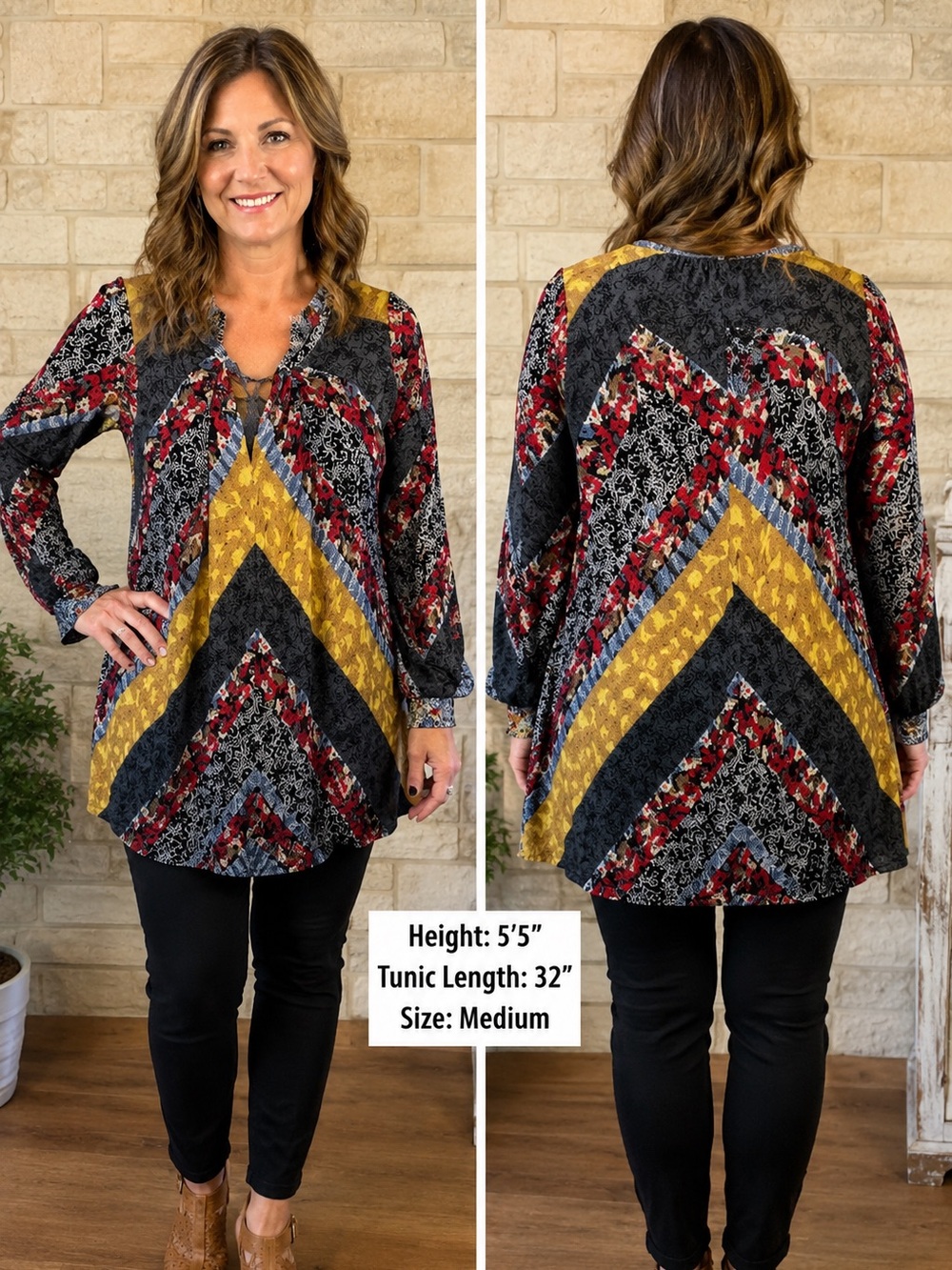 Umgee Yellow, Black & Red Mixed-Print V-Neck Patchwork Tunic/Dress